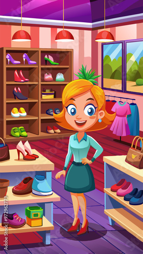Shoes store with girl seller and women footwear on shelves. Vector cartoon illustration of boutique interior, luxury shop with shoes on rack, poufs, mirror and cashier counter