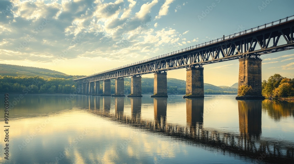 A panoramic view of a majestic bridge spanning across a wide river, with reflections shimmering on the water and a scenic landscape in the background. A panoramic view of a majestic bridge spanning across a wide river, with reflections shimmering on the water and a scenic landscape in the background.