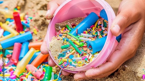 Niños recogiendo pequeños fragmentos de plástico en la arena, promoviendo la educación ambiental. photo