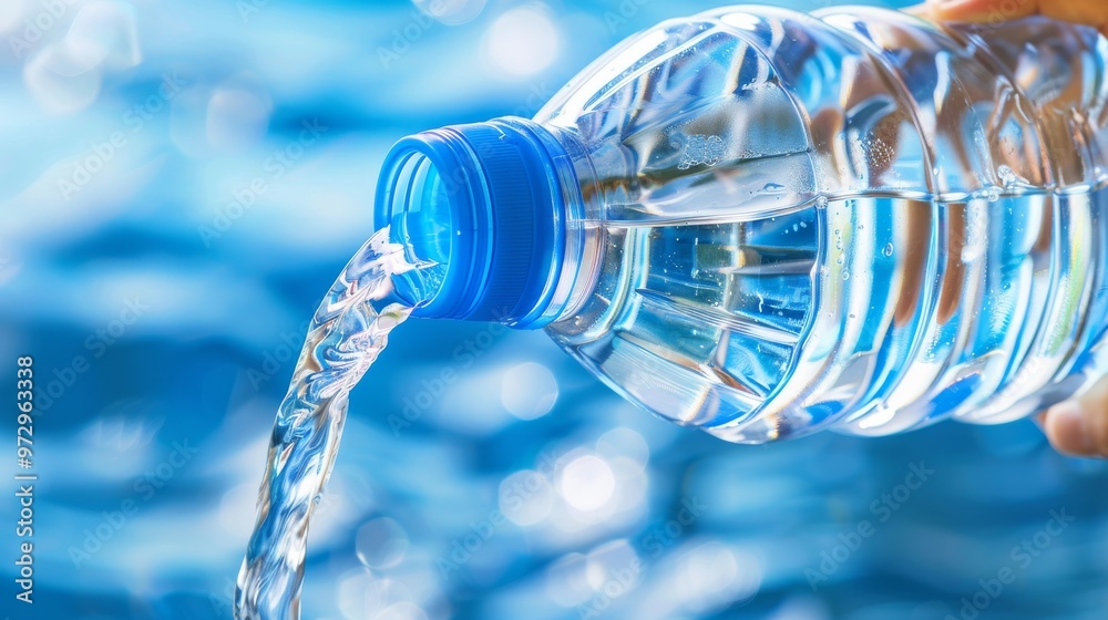 Primer plano de una botella de plástico vertiendo agua sobre un fondo desenfocado de color azul. Primer plano de una botella de plástico vertiendo agua sobre un fondo desenfocado de color azul.