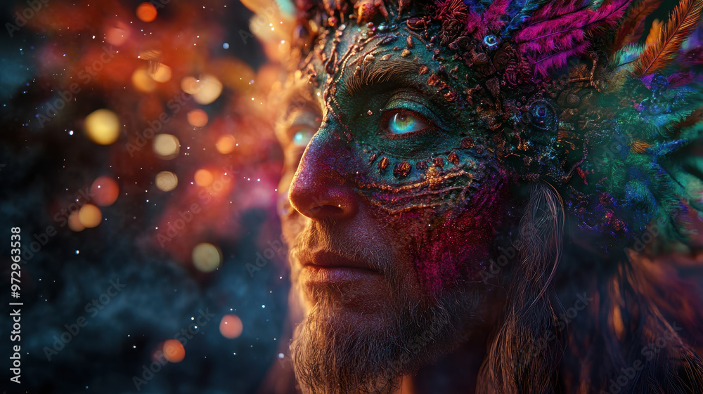A captivating portrait of person adorned with vibrant feathers and intricate face paint, embodying essence of folklore and tradition. colorful background enhances mystical atmosphere A captivating portrait of person adorned with vibrant feathers and intricate face paint, embodying essence of folklore and tradition. colorful background enhances mystical atmosphere