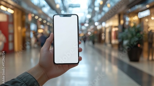 blank screen mobile phone mockup in hand, blurred shopping mall background offering a perfect scene for product display