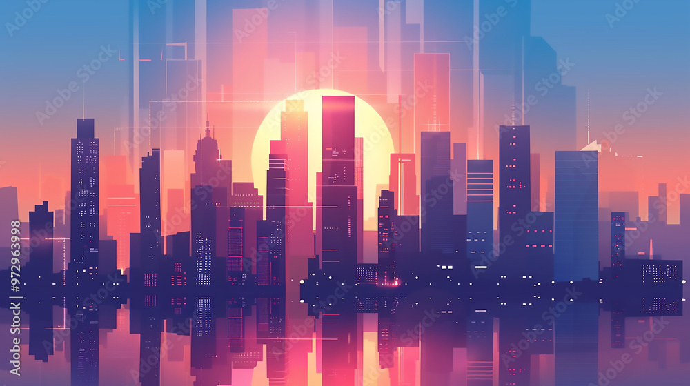 Fototapeta premium Cityscape with Skyscrapers Reflecting in Water at Sunset 