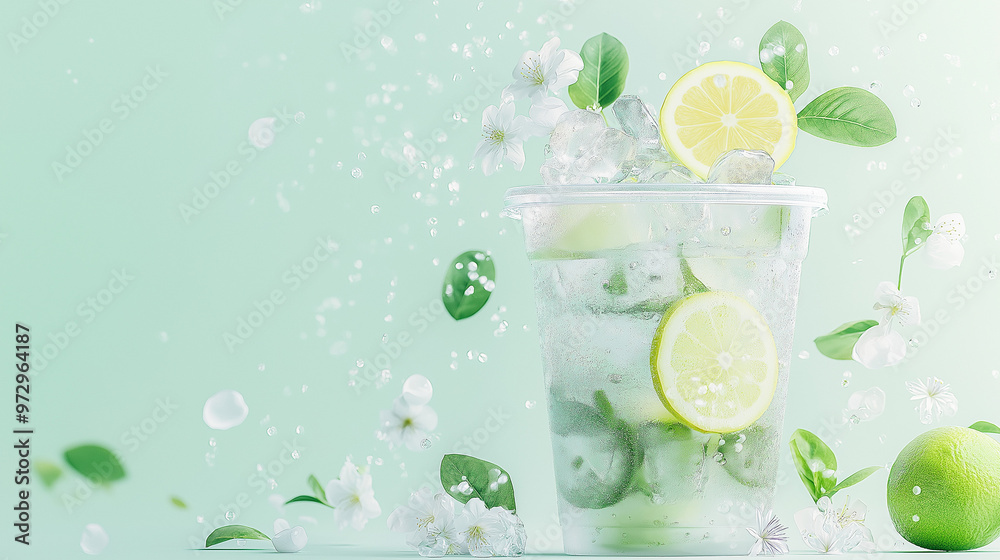 Green lemon and white jasmine green tea milk tea, transparent plastic cup with three pieces of green lemon and some transparent ice cubes, surrounded by jasmine flower embellishments, realistic photo, Green lemon and white jasmine green tea milk tea, transparent plastic cup with three pieces of green lemon and some transparent ice cubes, surrounded by jasmine flower embellishments, realistic photo,
