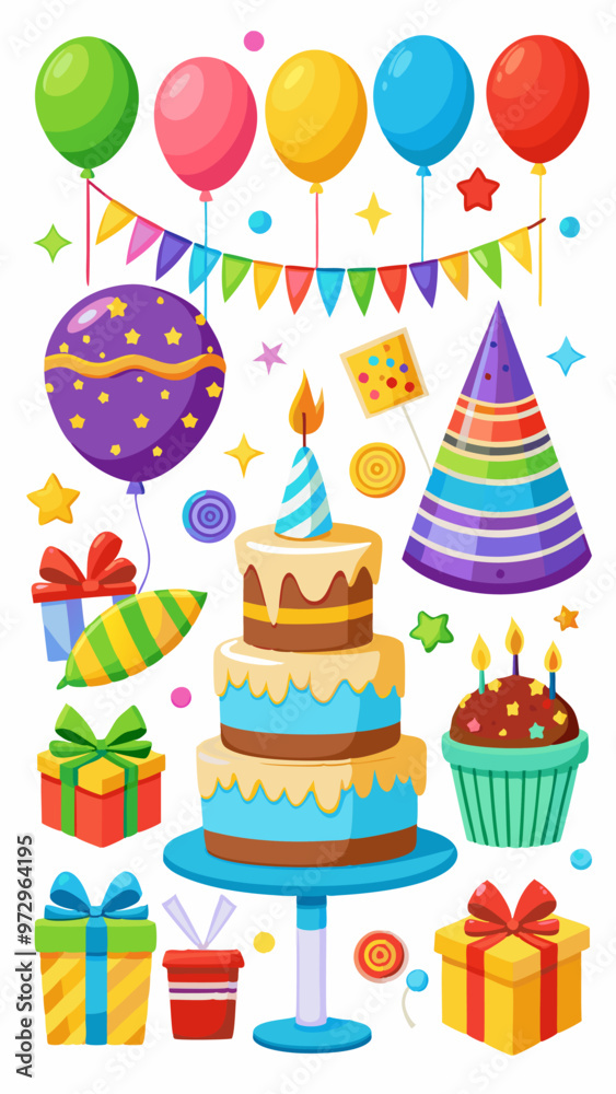 Child birthday party design elements set isolated on white background. Vector cartoon illustration of delicious cake, cupcakes, candles, festive hats, gift boxes, color air balloons, flags, garlands Child birthday party design elements set isolated on white background. Vector cartoon illustration of delicious cake, cupcakes, candles, festive hats, gift boxes, color air balloons, flags, garlands