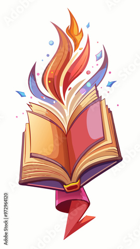 Realistic open book with blank pages flying isolated on white background. Vector illustration of school library, literature publishing, bookstore design icon. Reading hobby. Pink fairy tail story photo