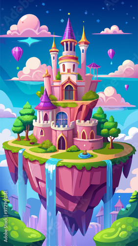 Fantastic pink castle and waterfall flying on island in sky. Cartoon illustration of magic landscape with royal palace and pieces of green land flying in white clouds. Adventure game level platforms