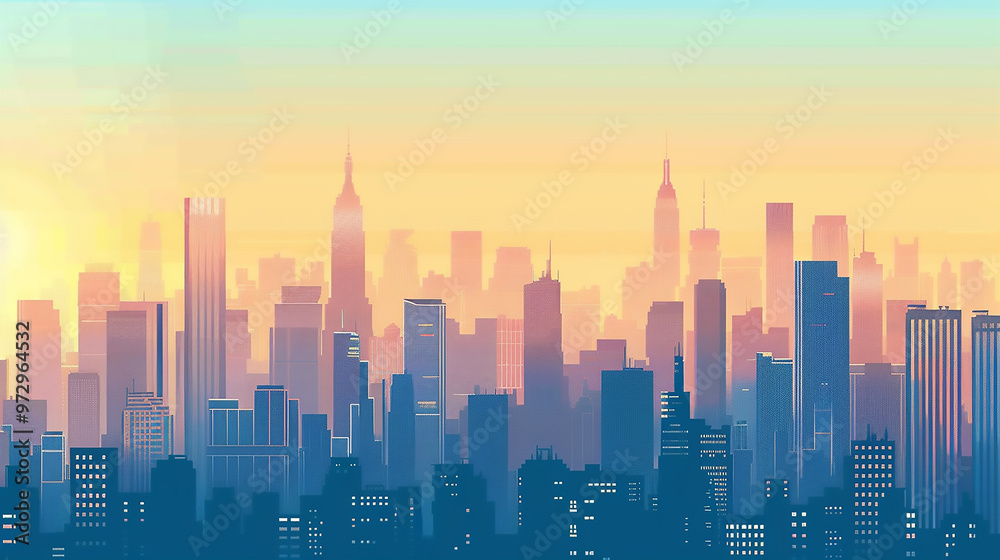 Fototapeta premium A vibrant digital illustration of a city skyline with a massive sun setting behind