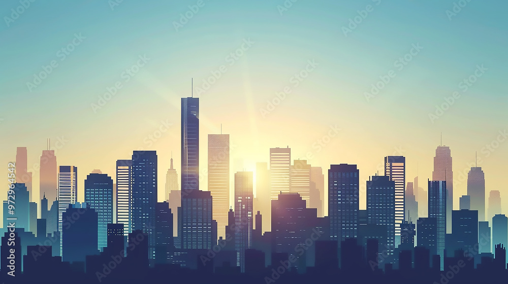 Fototapeta premium mysterious atmosphere at dawn A misty cityscape with tall skyscrapers shrouded in fog, creating a serene 