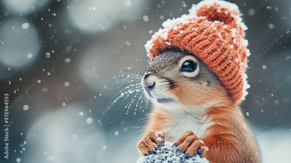 Obraz premium charming squirrel in a cozy knitted hat on a snowy morning, creating a cute and festive scene