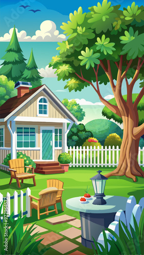 House backyard with green trees, bushes, grass lawn and white wooden fence. Summer cottage garden landscape, patio area for BBQ parties, empty home back yard cartoon background, Vector illustration
