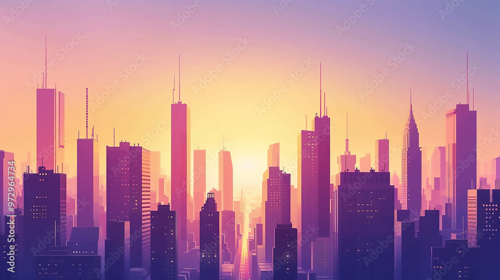 A vibrant digital illustration of a city skyline with a massive sun setting behind A vibrant digital illustration of a city skyline with a massive sun setting behind