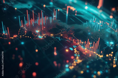 Global economy visualization, interconnected continents with glowing trade routes, financial markets, and stock exchanges, high-tech design