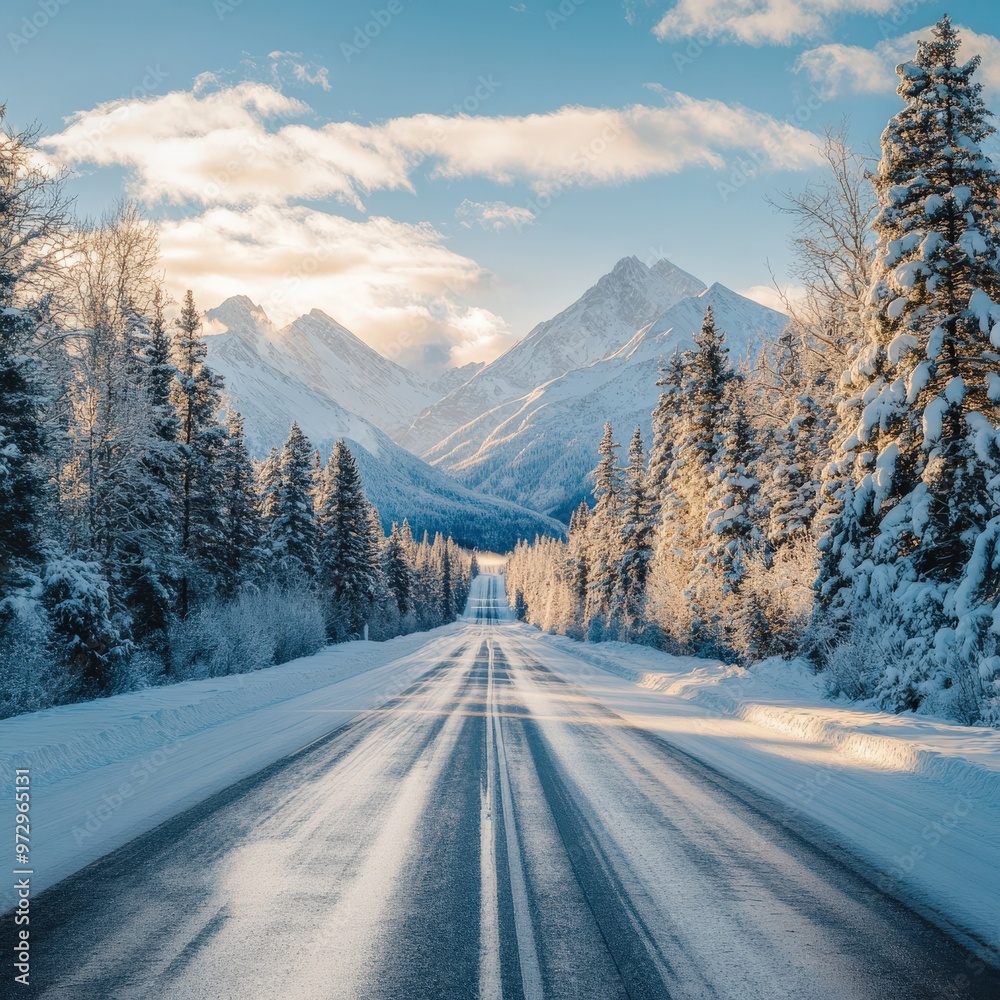 Straight Road Leading to Snowy Mountains Under Clear Blue Skies Straight Road Leading to Snowy Mountains Under Clear Blue Skies