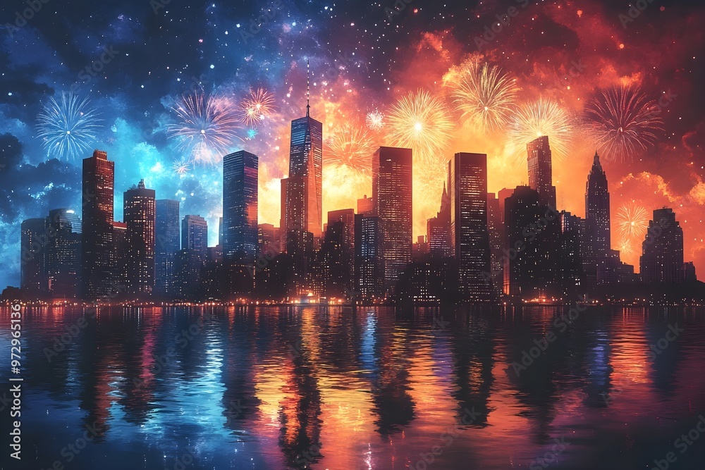 Vibrant city skyline at night, featuring a spectacular display of fireworks bursting in a myriad of colors Vibrant city skyline at night, featuring a spectacular display of fireworks bursting in a myriad of colors