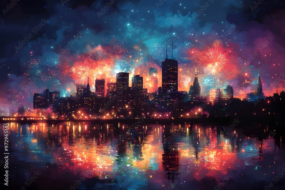 Vibrant city skyline at night, featuring a spectacular display of fireworks bursting in a myriad of colors Vibrant city skyline at night, featuring a spectacular display of fireworks bursting in a myriad of colors