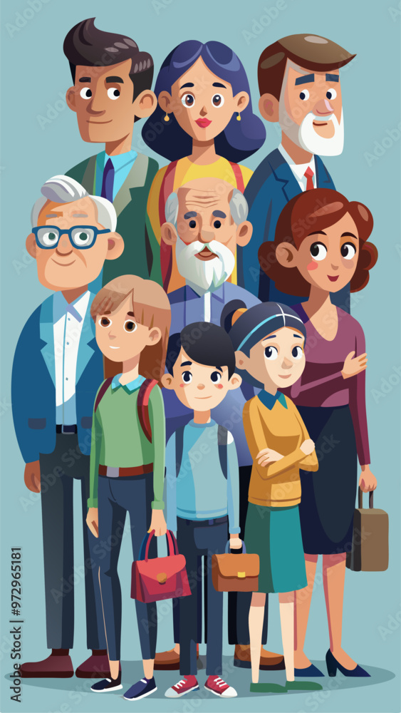 Diverse people standing in queue side view. Vector flat illustration of multiracial group, girl with mother, elder man and woman, students and businesswoman waiting in line Diverse people standing in queue side view. Vector flat illustration of multiracial group, girl with mother, elder man and woman, students and businesswoman waiting in line