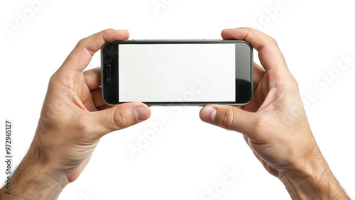 Two hands hold a smartphone horizontally against a transparent background. Smartphone screen blank with copy space. Communication concept. AI generated.