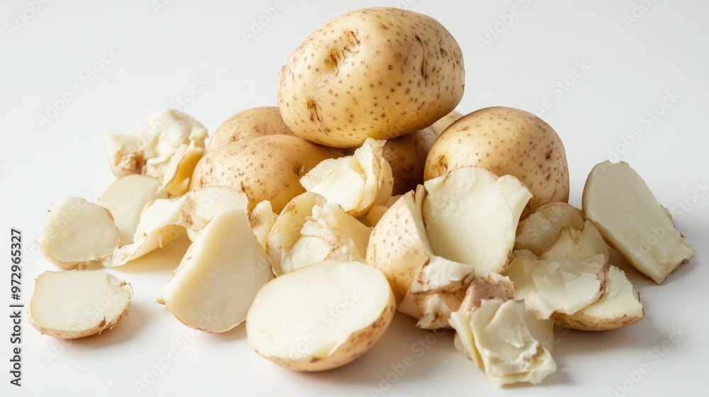 A pile of peeled potatoes with a few whole ones still with their skins, set against a white background, showcasing their smooth and rough textures. A pile of peeled potatoes with a few whole ones still with their skins, set against a white background, showcasing their smooth and rough textures.