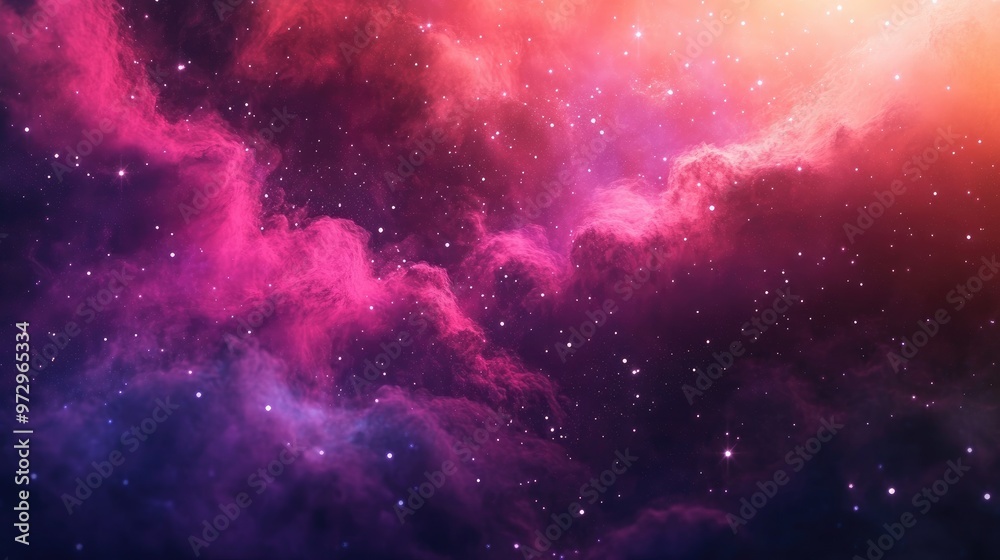 A vibrant nebula with swirling pink, red, and purple clouds against a dark background, dotted with tiny white stars. A vibrant nebula with swirling pink, red, and purple clouds against a dark background, dotted with tiny white stars.