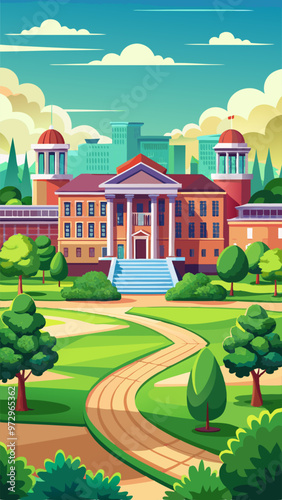 University, college campus buildings, high school educational institution empty front yard with green trees, grass lawns. Classic city architecture summer landscape Cartoon vector illustration