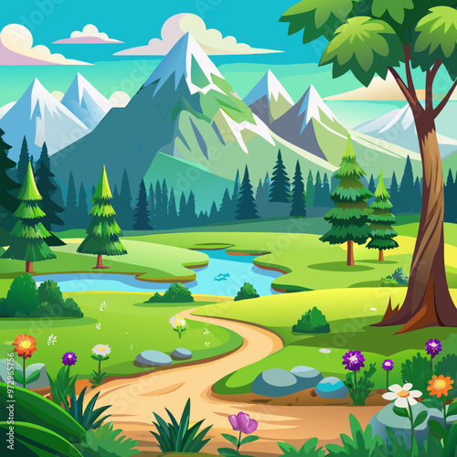 Green field in forest landscape vector background. Summer mountain cartoon illustration with tree, lawn and flower. 2d game panoramic park environment. Cute natural paradise world outdoor location