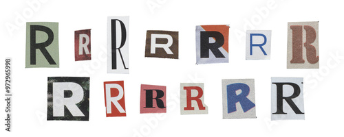 Set of isolated cut-out letter “R” from magazines on a transparent background, retro y2k style