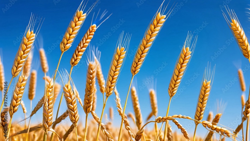Golden wheat stalks sway gently in a blue sky. Golden wheat stalks sway gently in a blue sky.