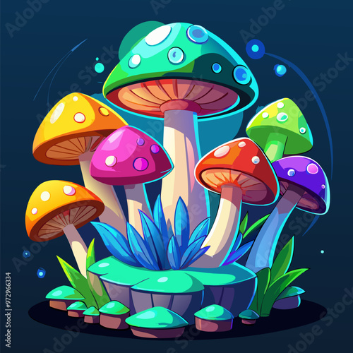 Fantasy mushrooms set isolated on background. Vector cartoon illustration of magic fungi in neon blue, green, yellow, red, turquoise colors, fairytale forest design elements for game user interface