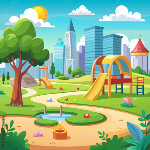 Playground for kids in summer city park. Vector cartoon illustration of sunny green public garden with slide, sandbox under parasol, toys on ground, seesaw for kids, modern cityscape on horizon