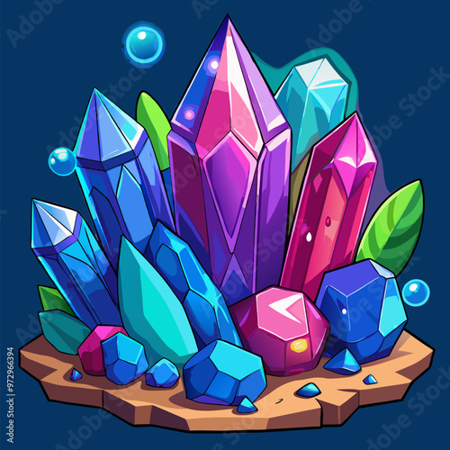 Crystals of gem stone or diamond. Cartoon vector set of jewel mineral resources for treasure or geology game ui concept. Gemstone chunk and precious stalactites and stalagmites of blue and pink colors
