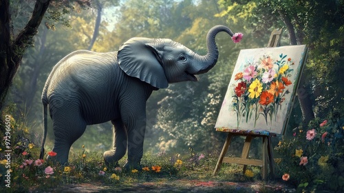 A playful elephant artistically painting flowers on a canvas, using multiple colors as it swings its trunk with precision and creativity, framed by trees. photo