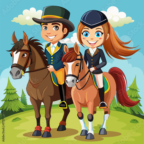 Horse rider man and woman in equipment. Cartoon vector illustration set of male and female character in helmet and uniforms ride on horseback. Equestrian school and racehorse training concept.