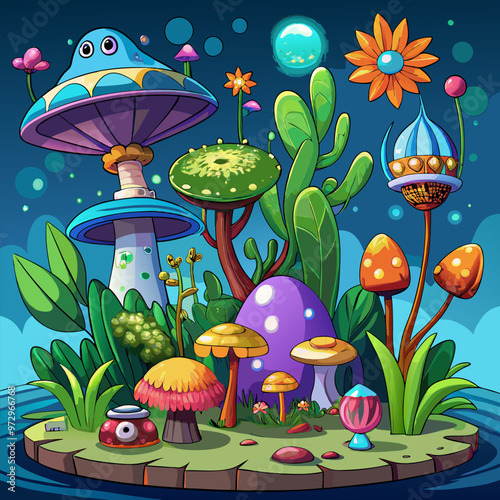 Fantasy alien plants for game ui design. Cartoon vector illustration set of cute magic flowers and trees for fairy fictional extraterrestrial forest creation. Fantastic creature of wonderland garden.