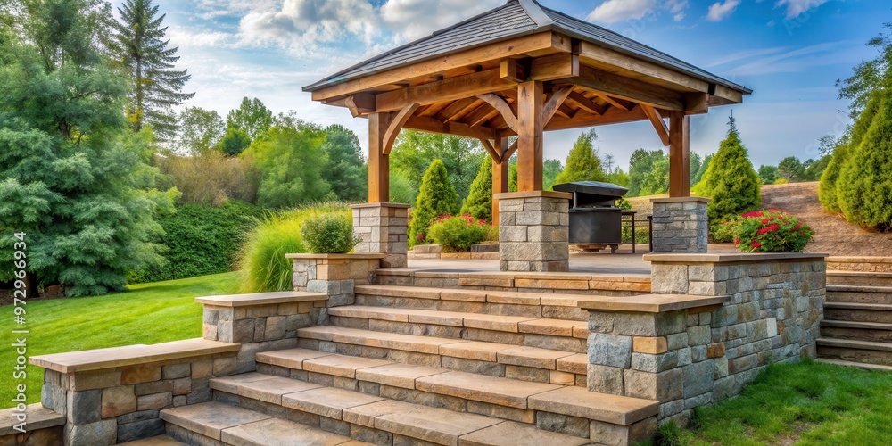 Stone steps leading to a wooden gazebo, barbecue, and chimney, stone steps, wooden gazebo, barbecue, chimney, outdoor Stone steps leading to a wooden gazebo, barbecue, and chimney, stone steps, wooden gazebo, barbecue, chimney, outdoor