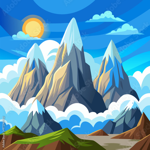 Peaks of high rocky mountains above clouds. Snowy stone hill top above haze against blue sky with bright sun. Cartoon vector illustration of aerial panoramic landscape with rock mount and sunlight.