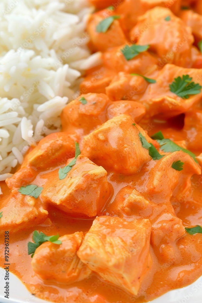 Spicy Chicken Tikka Masala with Basmati Rice And Fresh Chopped Parsley on White Plate, Spicy Chicken Tikka Masala with Basmati Rice And Fresh Chopped Parsley on White Plate,