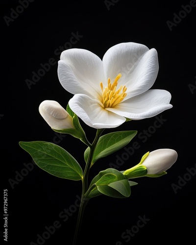 Beautiful white magnolia bloom with buds against a dark backdrop.