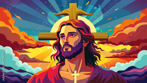Double exposure of Jesus Christ and the cross on sky background. Digital artwork.