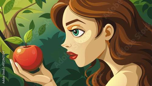 Bible. Old Testament. Creation. Genesis. Eve looked at the apple. It was beautiful and looked delicious. Close up portrait of Eve looking at the apple.