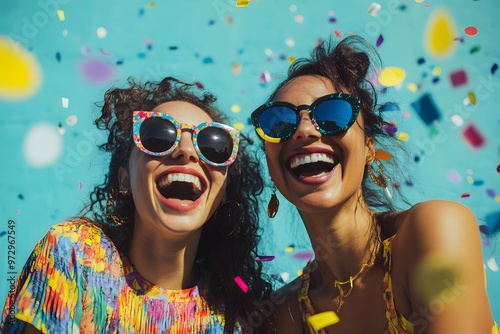 happiness of two friends wearing sunglasses at fun party with colorful confetti around