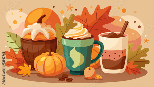 Spice hot drinks in glass and mug for cozy autumn design. Cartoon vector illustration of latte with pumpkin, cream top and cinnamon stick, coffee or hot chocolate with marshmallow and in takeaway cup.