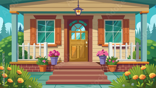 Home exterior facade with closed entrance door and wooden porch, decorative flowers in pot and fence, window and lantern on wall. Cartoon vector illustration of front suburban house entry veranda.