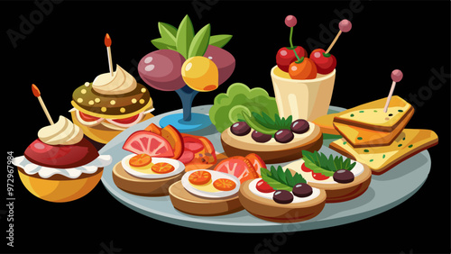 Appetizer snacks set isolated on black background. Vector cartoon illustration of finger food served for restaurant banquet, bruschetta with ham, cheese, toothpicks with seafood, vegetables and fruit