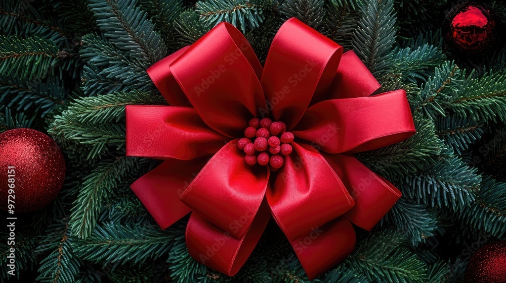 A detailed close-up of a red bow on a green background, evoking festive and elegant holiday spirit. A detailed close-up of a red bow on a green background, evoking festive and elegant holiday spirit.