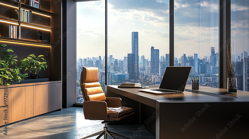 A modern office with a view of a city skyline at dusk. A modern office with a view of a city skyline at dusk.