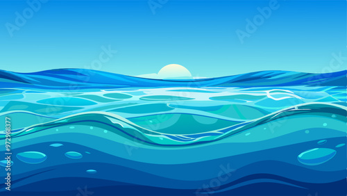 Blue water surface overlay background. Vector realistic illustration of clear aqua waves with light refraction, 3d sea, ocean or swimming pool clean bottom view with abstract shiny ripple texture