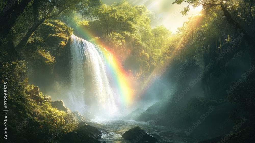A rainbow forming over a misty waterfall in a tropical forest, with sunlight streaming through the trees and illuminating the scene.