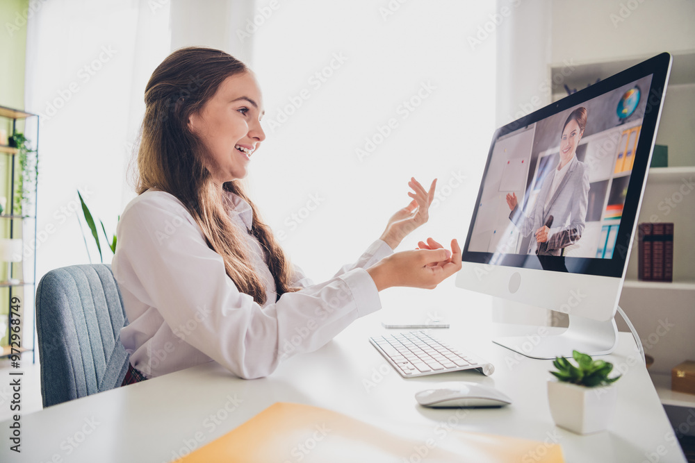 Obraz premium Photo portrait of teen cute daughter computer talk online wear uniform remote education home schooling isolated indoors background