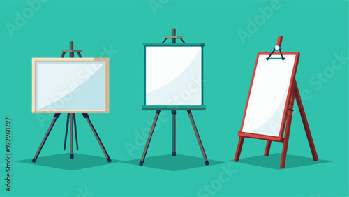 Set of whiteboards on tripod stands isolated on background. Vector realistic illustration of easel with blank rectangular sheet for business presentation, white flipchart mockup, projector canvas